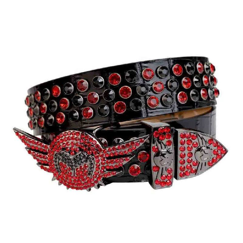 Minimalist beige suede belt-Angel Wing Buckle Black Strap With Black & Red Studded Rhinestone Belt