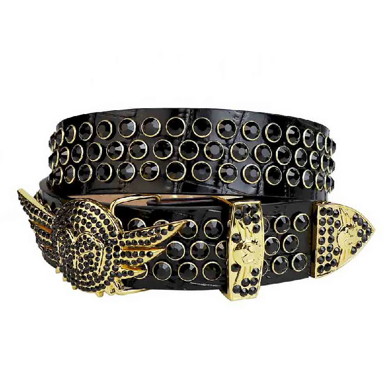 Vintage cotton striped belt-Black Strap With Black Studded Rhinestone Belt with Gold Wings Shaped Black Buckle