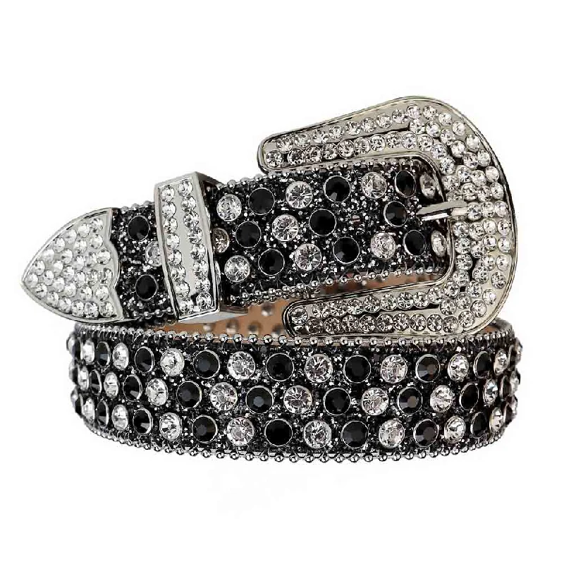 Unique vintage silver buckle-Black Strap With Black & White Studded Rhinestone Belt