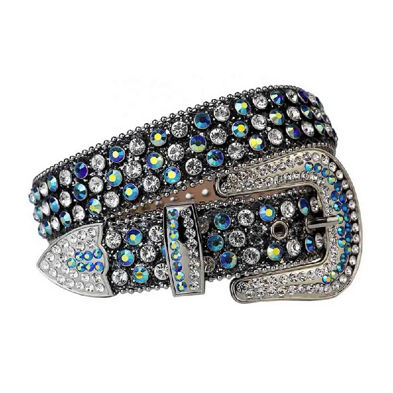 Elegant white leather belt-Black Strap With Blue & Diamond Crystals Studded Rhinestone Belt