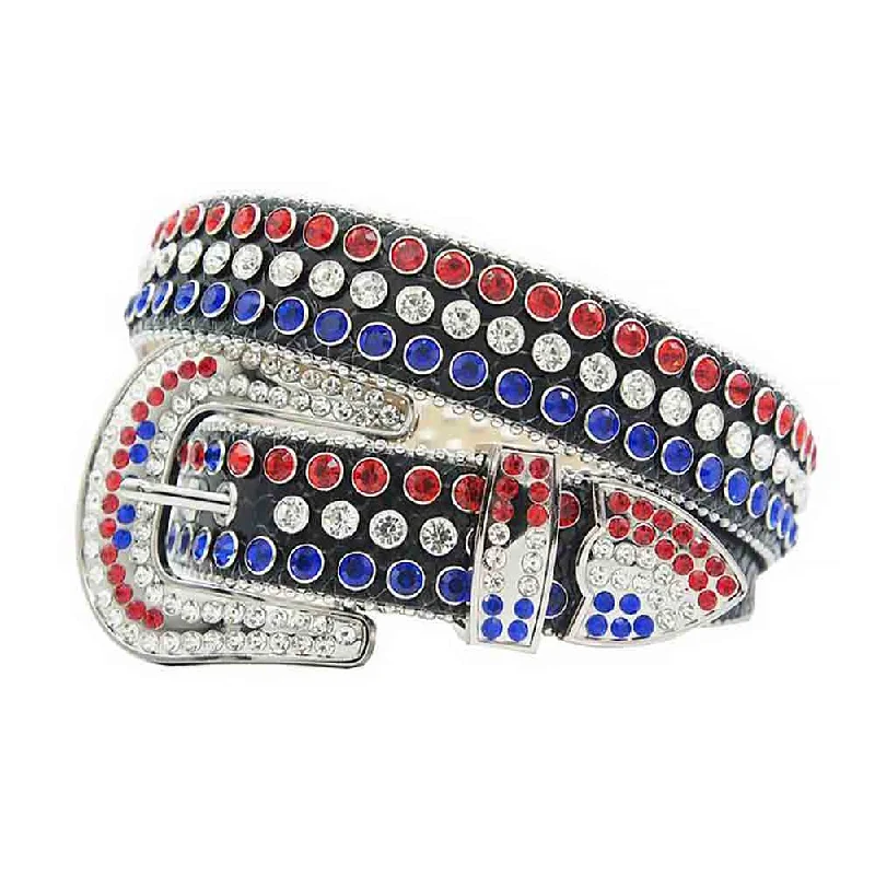 Slim leather snakeskin belt-Black Strap With Blue, Red & White Studded Rhinestone Belt