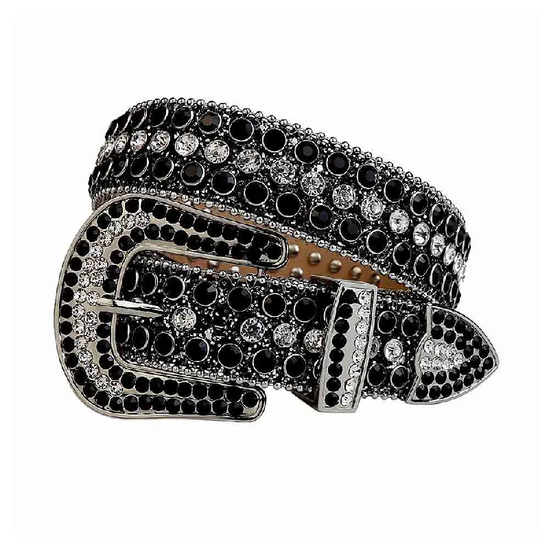 Unique embossed leather belt-Black Strap With Diamond White & Black Studded Rhinestone Belt