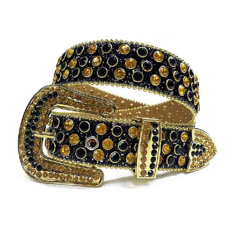 Elegant patent black belt-Black Strap With Gold & Black Studded Rhinestone Belt