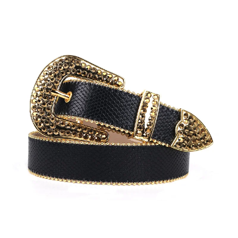 Contemporary woven nylon buckle-Black Strap With Gold Studded Rhinestone Belt