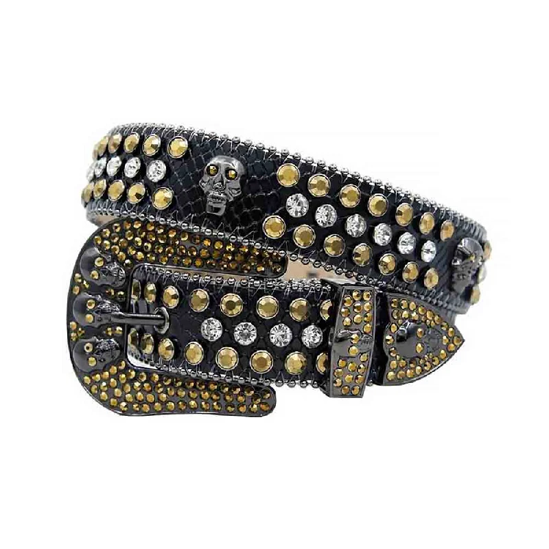 Slim canvas braided belt-Black Strap With Gold & White Studded Rhinestone Belt