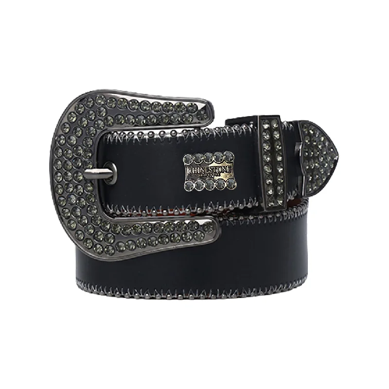 Unique reversible gray belt-Black Strap With Grey Stone & Rhinestone Logo Belt