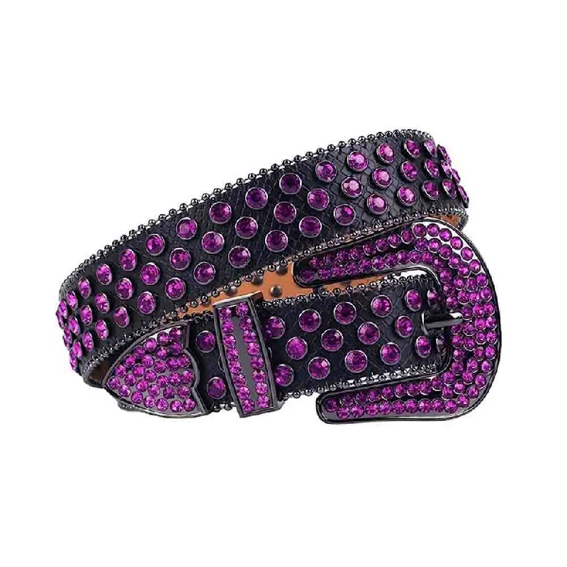 Handcrafted tan suede belt-Black Strap With Purple Studded Rhinestone Belt