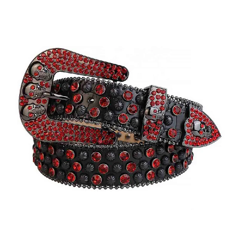 Wide canvas military belt-Black Strap With Red Studded Rhinestone Belt with 3 Skulls Black Red Buckle