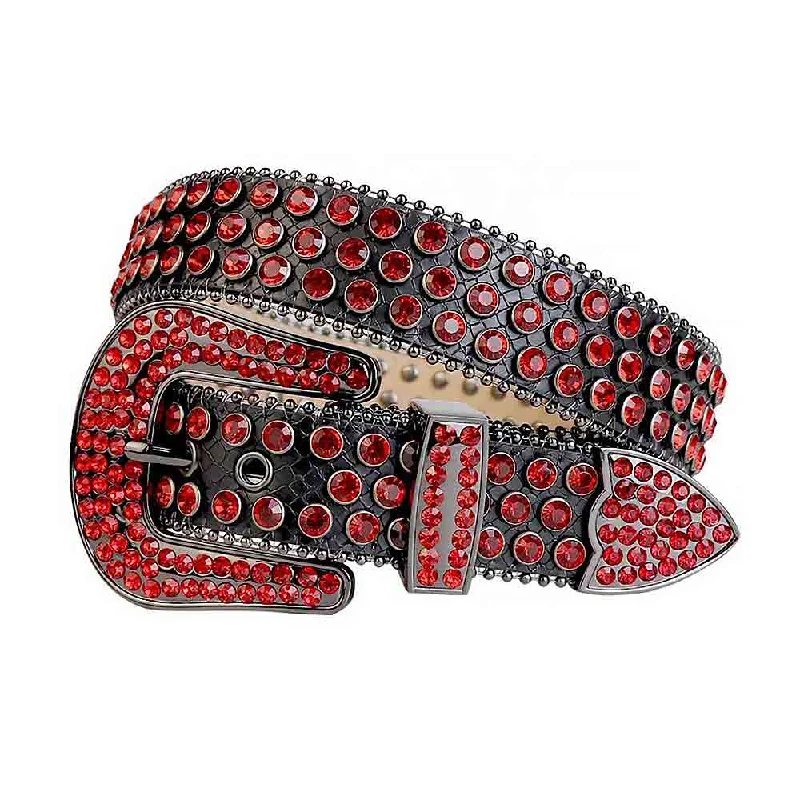 Modern gold leather belt-Black Strap With Red Studded Rhinestone Belt with Black Red Buckle