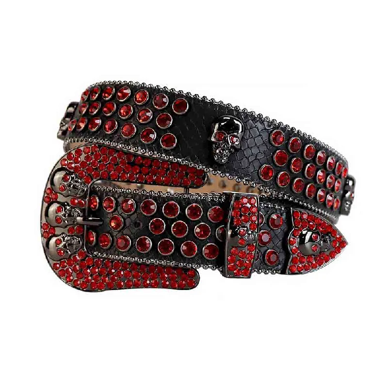 Minimalist matte black belt-Black Strap With Red Studded Rhinestone Belt with Black Skulls Red Buckle