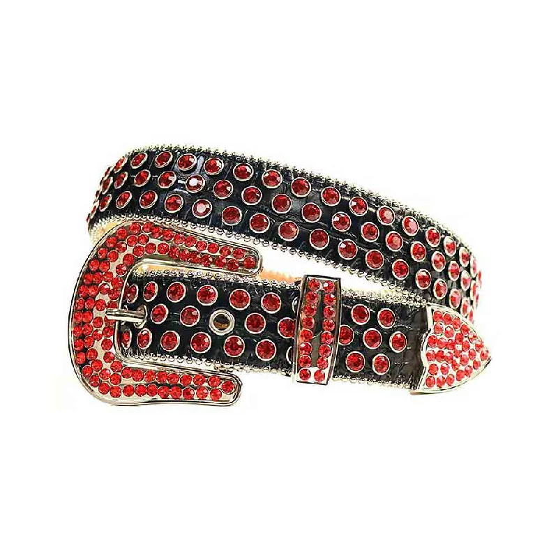 Modern steel buckle belt-Black Strap With Red Studded Rhinestone Belt with Gold Red Buckle