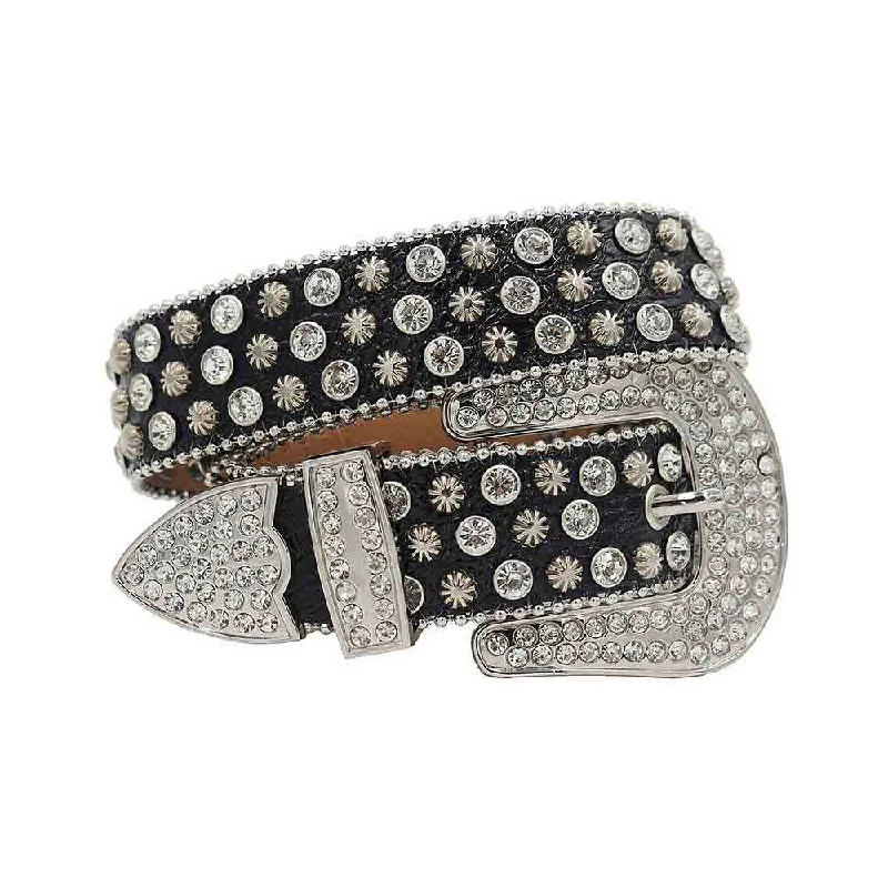 Modern black leather buckle-Black Strap With Silver Studded And Rhinestone Belt