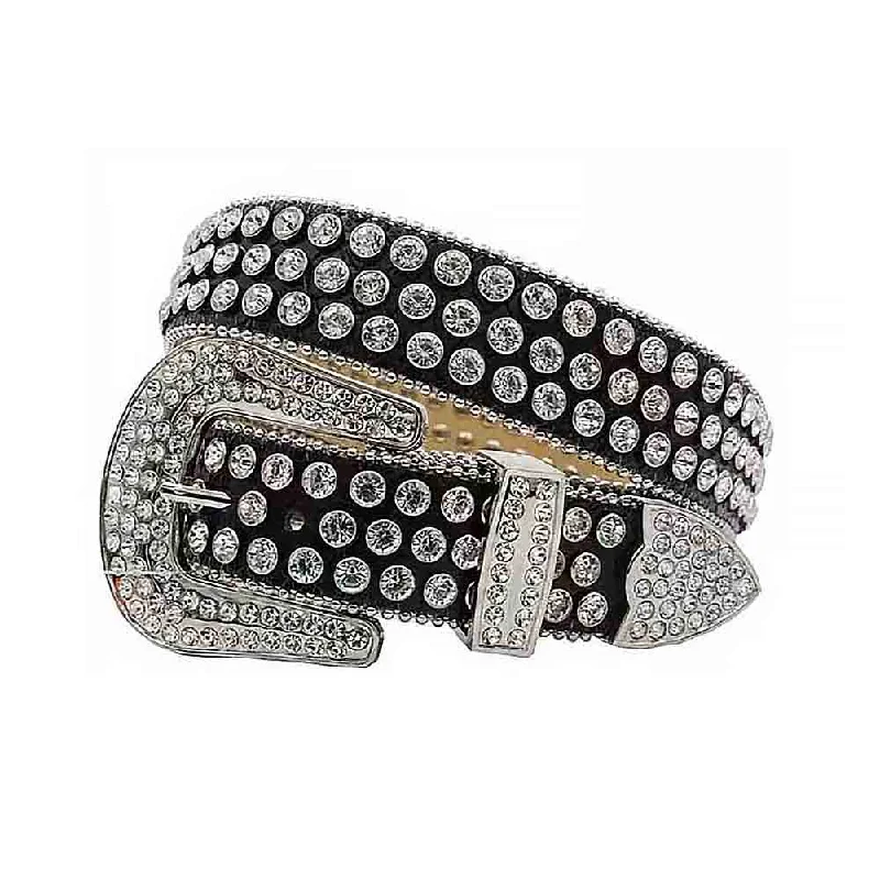 Wide suede snakeskin belt-Black Strap With Sparkling White Studded Rhinestone Belt