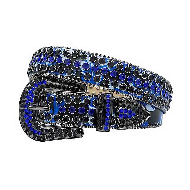 Unique brass buckle belt-Blue & Black Strap With Royal Blue & Black Studded Rhinestone Belt