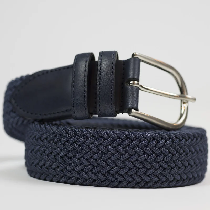 Slim leather tactical belt-Blue "intreccio" elastic woven belt