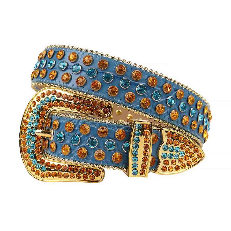 Elegant navy leather belt-Blue Strap With Blue & Orange Studded Rhinestone Belt