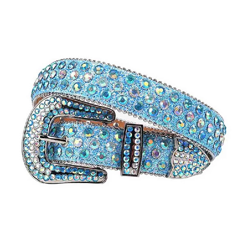 Contemporary elastic stretch belt-Blue Strap With Multi Color Studded Rhinestone Belt