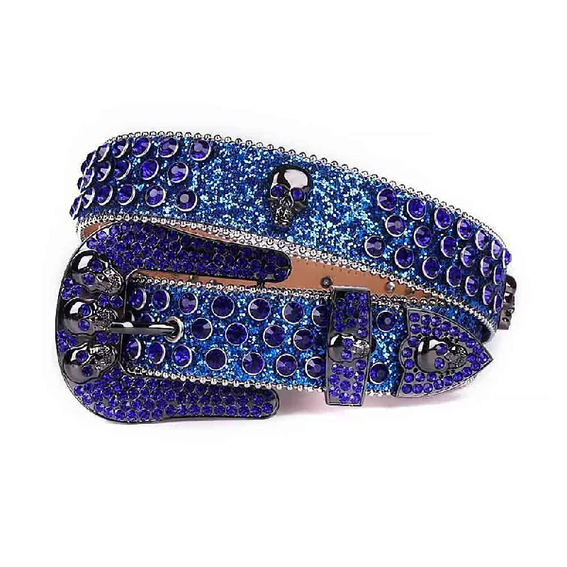 Slim leather tactical belt-Blue Strap With Purple Studded Rhinestone Belt