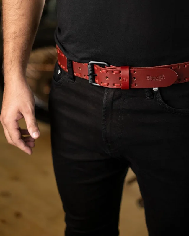 Minimalist gray leather belt-bronco belt cherry red