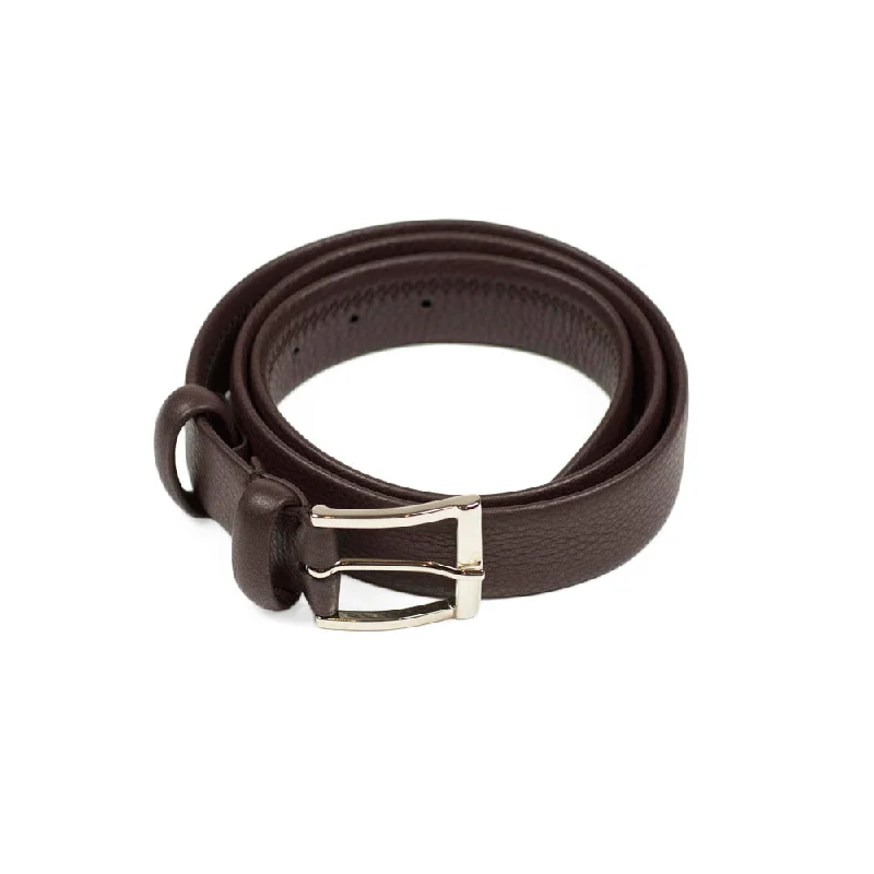 Slim canvas utility belt-Brown soft calf "tubo" tubular dress belt