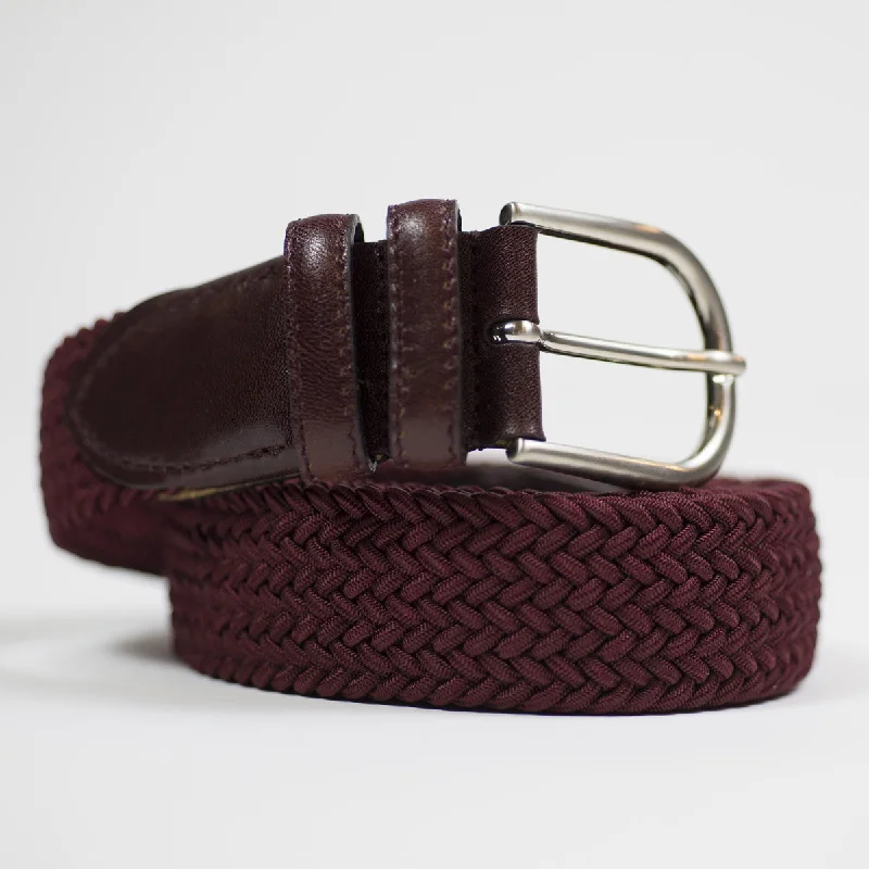 Slim leather floral belt-Burgundy "intreccio" elastic woven belt