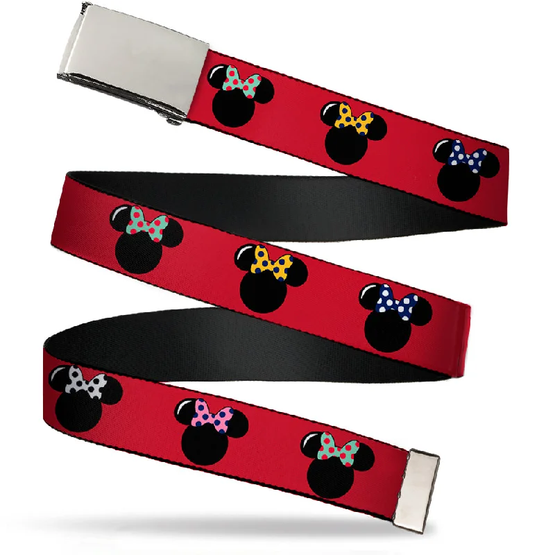 Wide suede snakeskin belt-Chrome Buckle Web Belt - Minnie Mouse Silhouette Red/Black/Polka Dot Webbing