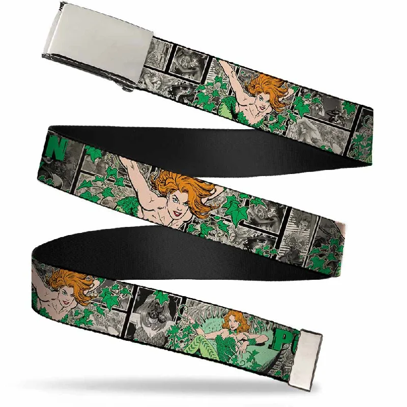 Vintage denim floral belt-Chrome Buckle Web Belt - POISON IVY Poses/Comic Scenes Grays/Greens Webbing