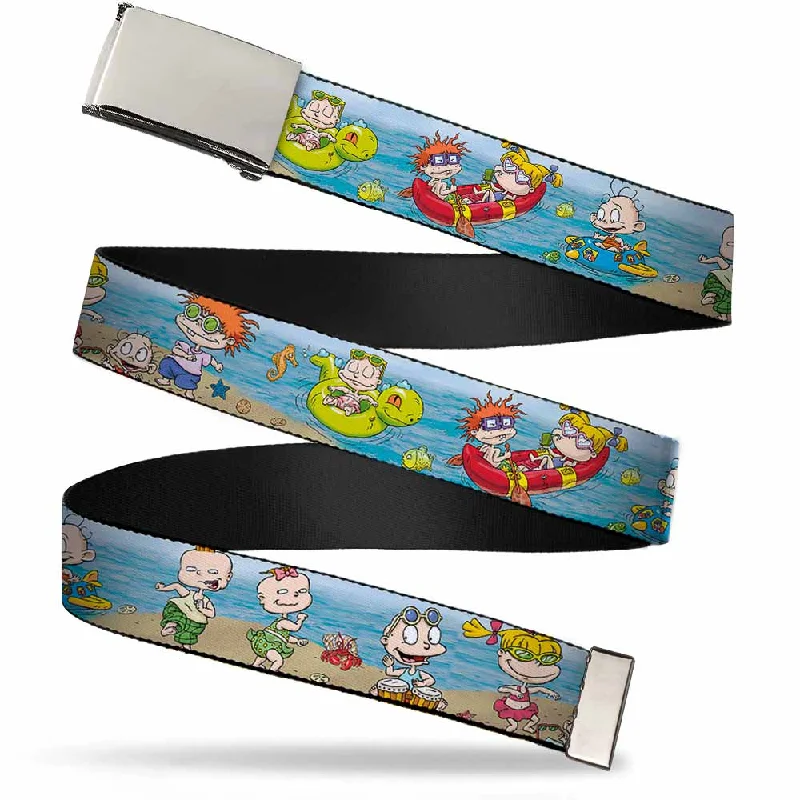 Rustic tan nylon belt-Chrome Buckle Web Belt - Rugrats Beach Play Scene Webbing