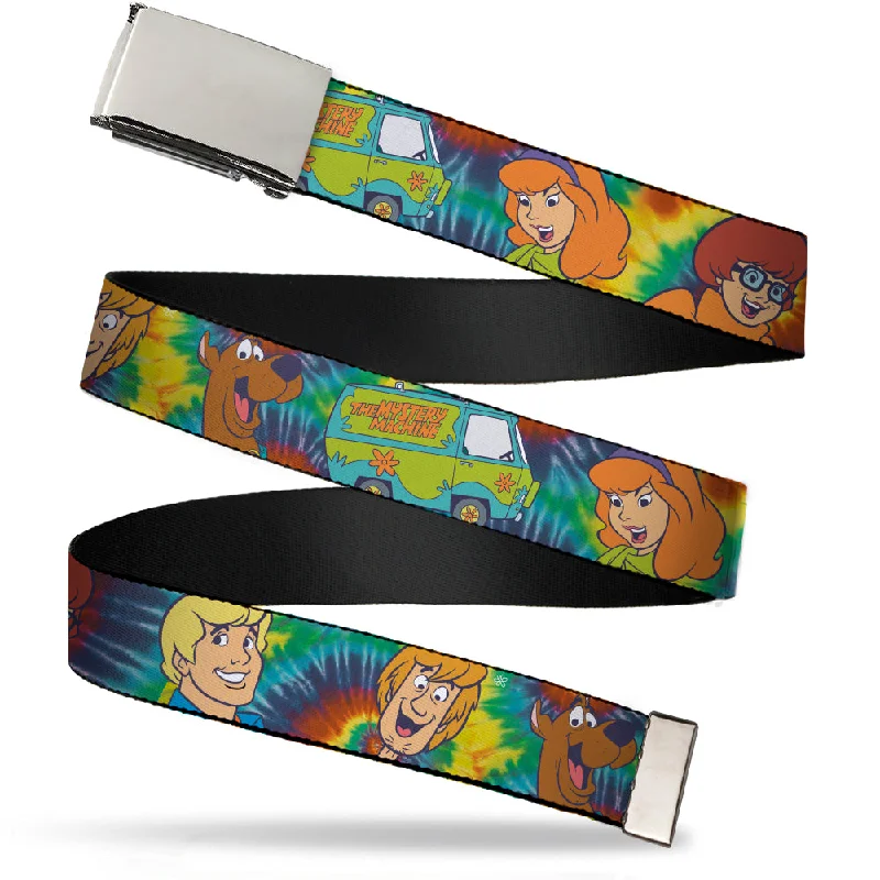 Minimalist white suede belt-Chrome Buckle Web Belt - Scooby Doo 5-Character Faces Tie Dye Multi Color/White Webbing