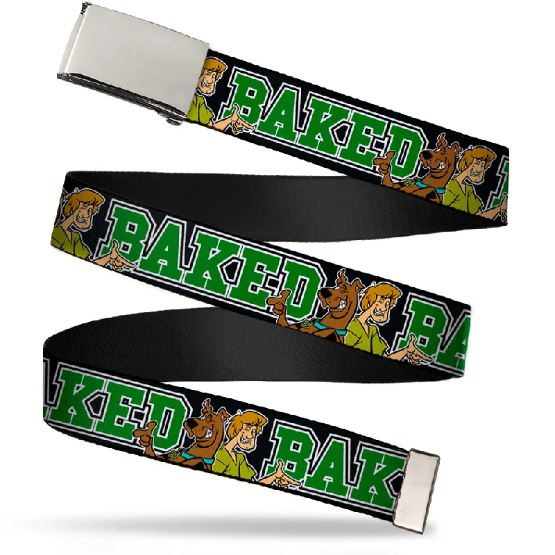 Slim leather cowboy belt-Chrome Buckle Web Belt - Scooby Doo & Shaggy Pose/BAKED Black/Green Webbing