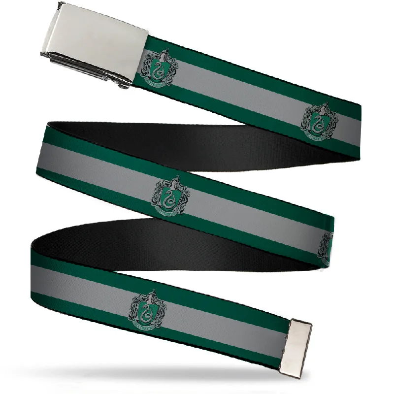 Modern gold fabric buckle-Chrome Buckle Web Belt - SLYTHERIN Crest/Stripe11 Green/Gray Webbing