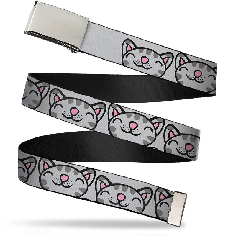 Handmade corduroy floral belt-Chrome Buckle Web Belt - Soft Kitty Face CLOSE-UP Gray Webbing