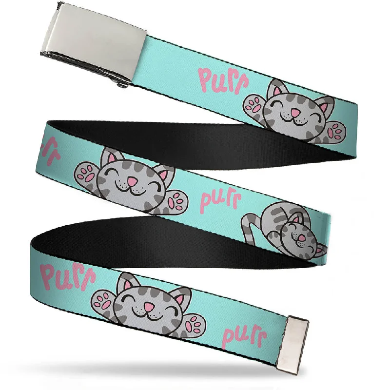 Elegant black patent belt-Chrome Buckle Web Belt - Soft Kitty Poses Pale Turquoise/Pink Webbing