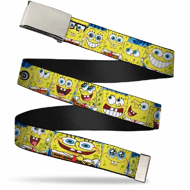 Slim suede floral belt-Chrome Buckle Web Belt - SpongeBob Expressions Stripe Blue Webbing