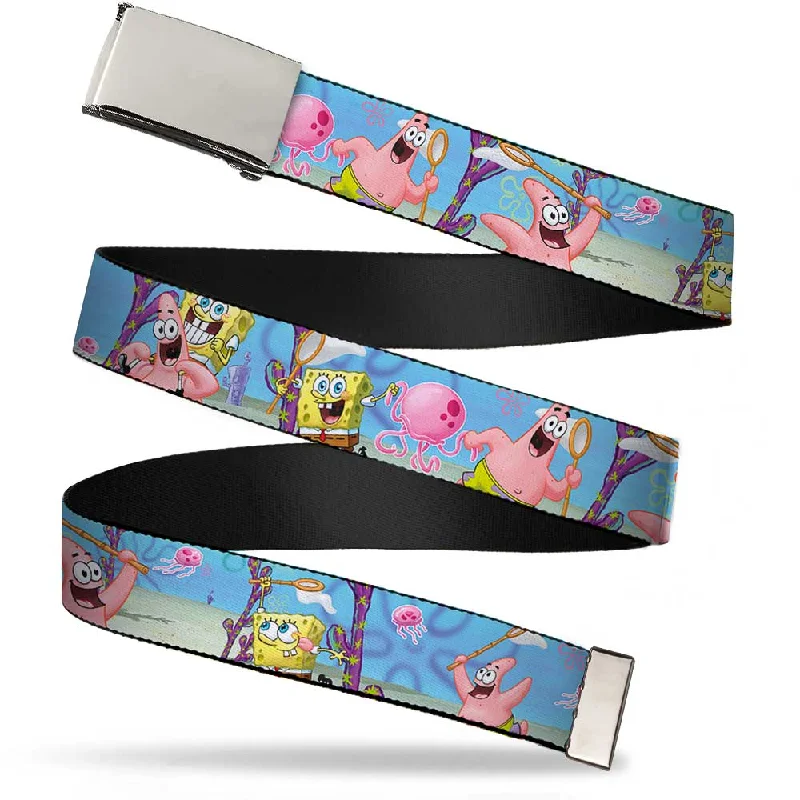 Minimalist white fabric buckle-Chrome Buckle Web Belt - SpongeBob & Patrick Starfish Jellyfishing Scenes Webbing