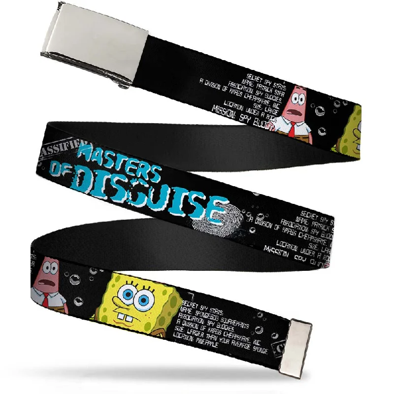 Modern matte silver belt-Chrome Buckle Web Belt - SpongeBob & Patrick Starfish/Spy Profile MASTERS OF DISGUISE Webbing