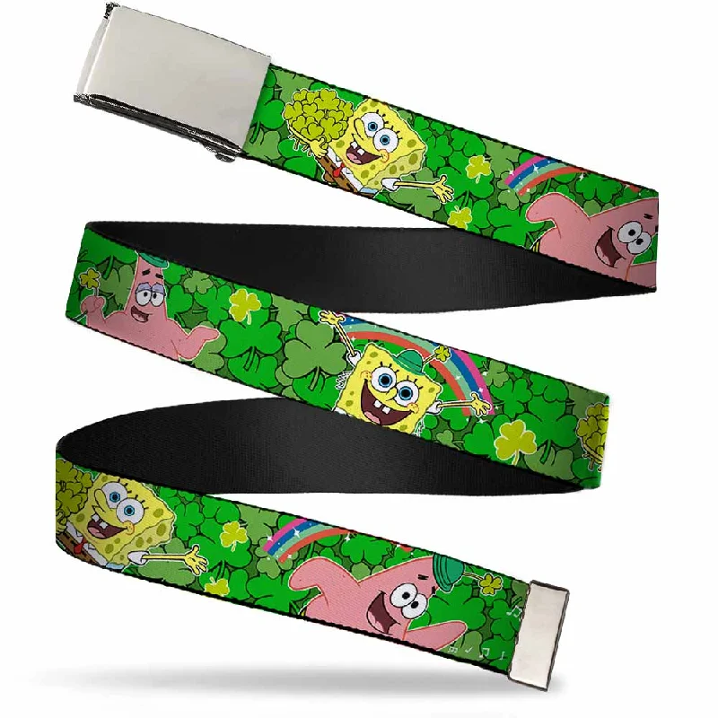 Contemporary woven leather belt-Chrome Buckle Web Belt - SpongeBob & Patrick Starfish St. Patrick's Day Poses Webbing