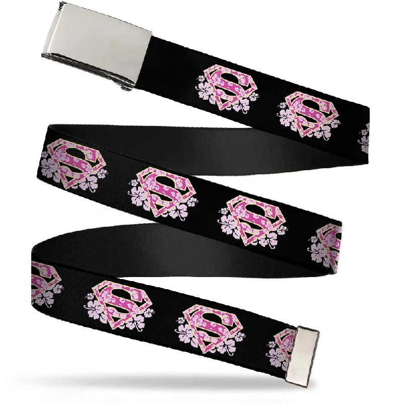 Wide suede snakeskin belt-Chrome Buckle Web Belt - Super Shield Hibiscus Design Black/Pink Webbing