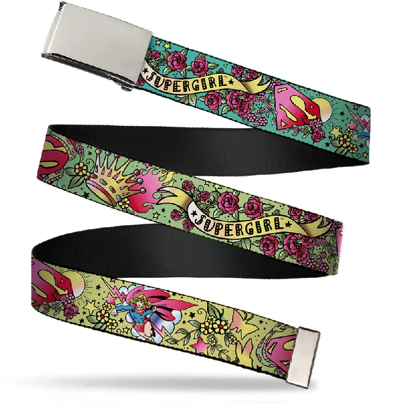 Slim patent floral belt-Chrome Buckle Web Belt - Supergirl Tattoo Scene Webbing