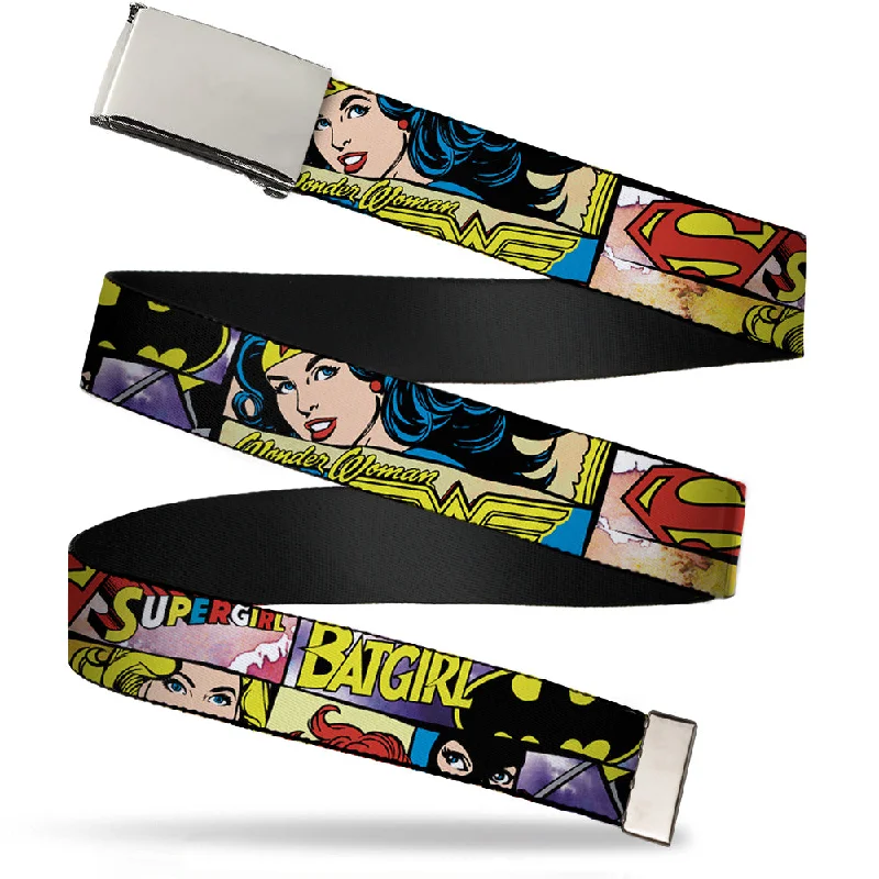 Handcrafted corduroy gray belt-Chrome Buckle Web Belt - Superheroines Wonder Woman/Supergirl/Batgirl Webbing