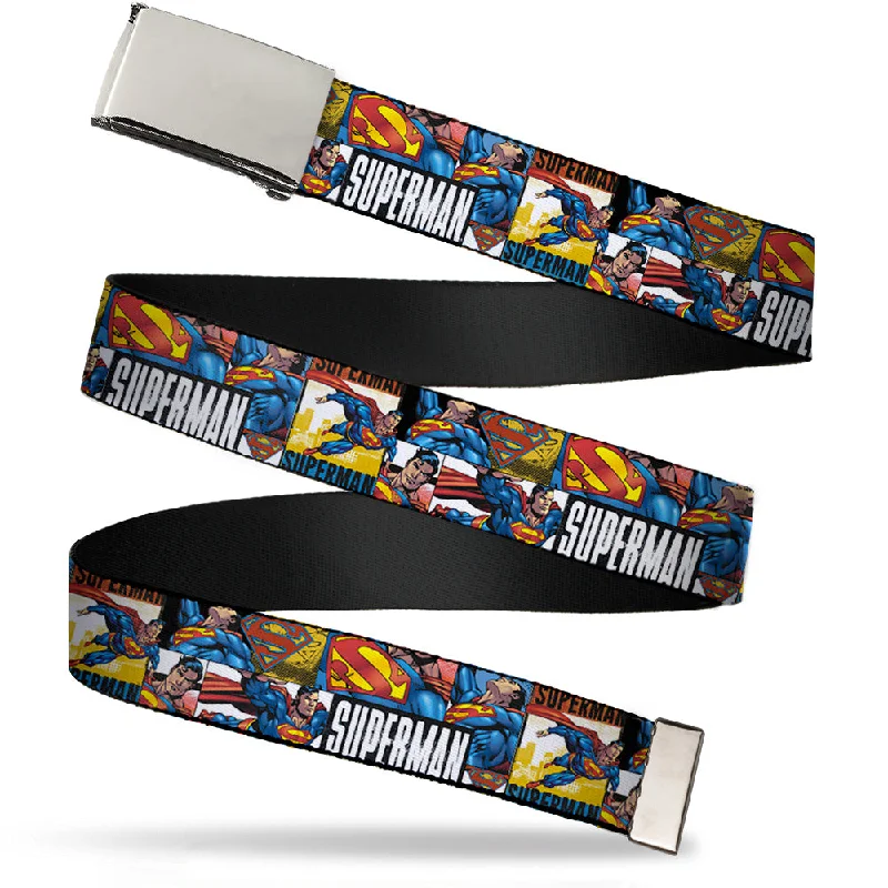 Modern gold leather belt-Chrome Buckle Web Belt - SUPERMAN Action Blocks White Webbing