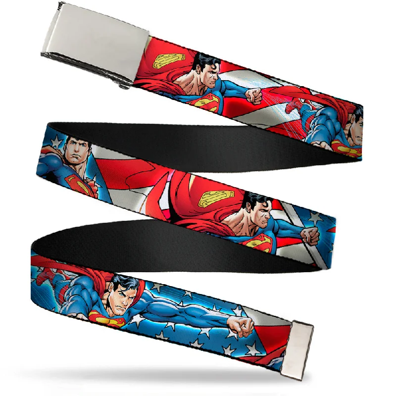 Wide nylon studded belt-Chrome Buckle Web Belt - Superman Action Poses/Stars & Stripes Webbing