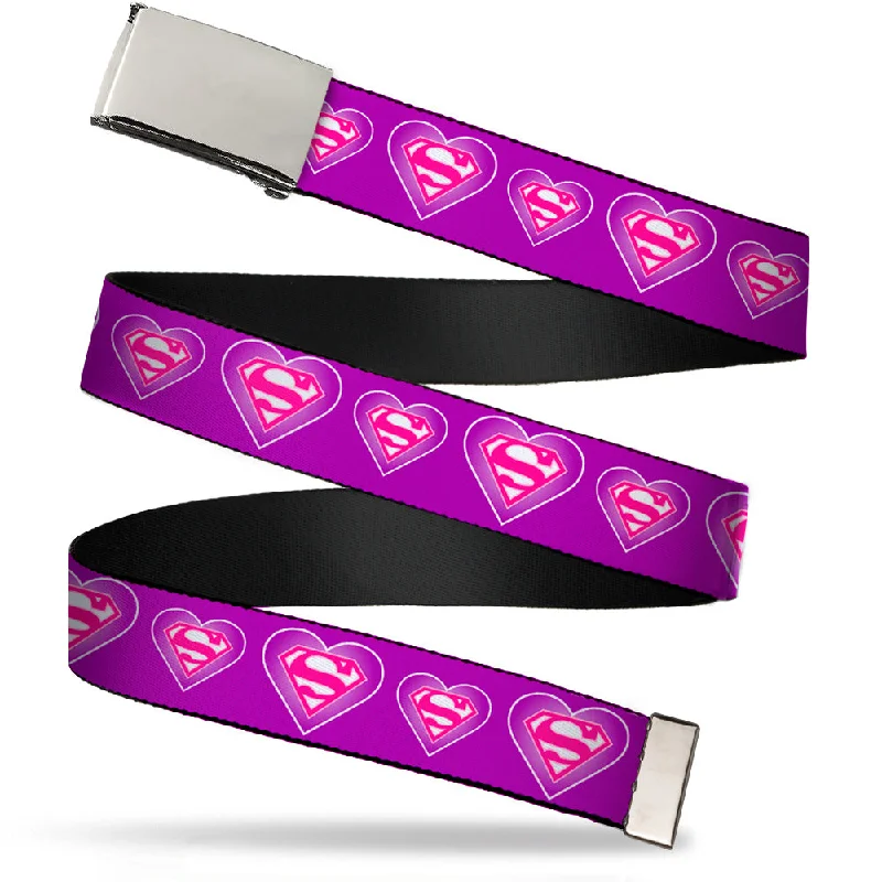 Minimalist beige leather belt-Chrome Buckle Web Belt - Superman Logo in Heart Purple/White/Pink Webbing