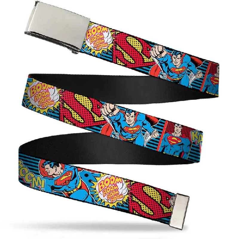 Wide leather tactical belt-Chrome Buckle Web Belt - Superman Logo/Poses/Action Bubbles Pop Collage Blue/Black Webbing