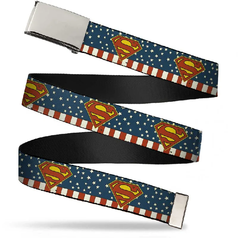 Contemporary stretch nylon buckle-Chrome Buckle Web Belt - Superman Shield Americana Red/White/Blue/Yellow Webbing