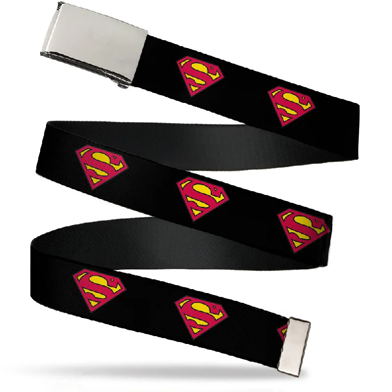 Contemporary woven canvas belt-Chrome Buckle Web Belt - Superman Shield Black Webbing