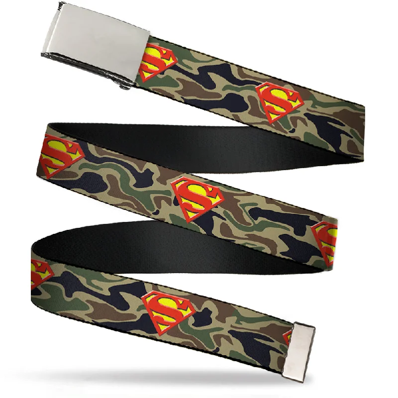 Minimalist white leather belt-Chrome Buckle Web Belt - Superman Shield Camo Olive Webbing