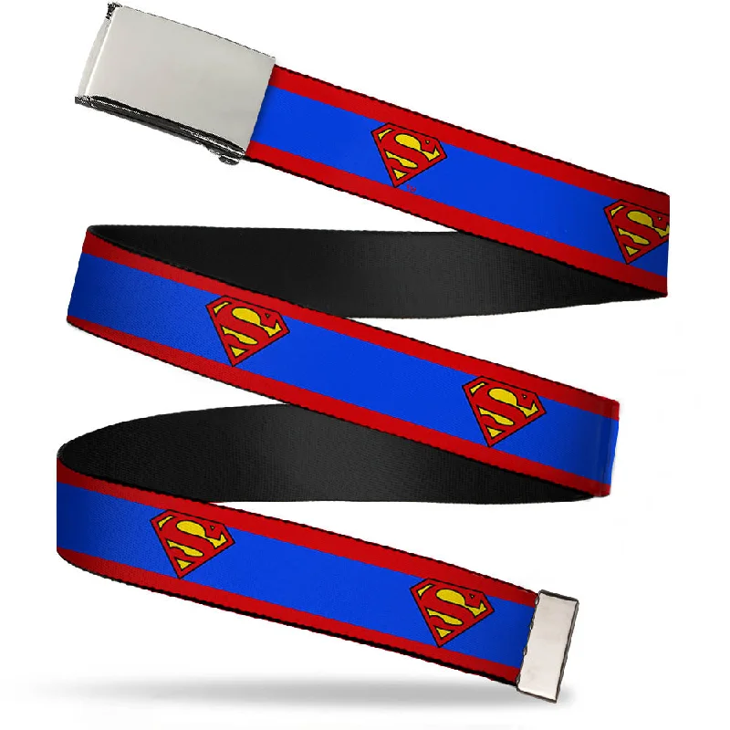 Wide nylon snakeskin belt-Chrome Buckle Web Belt - Superman Shield/Stripe Red/Blue Webbing