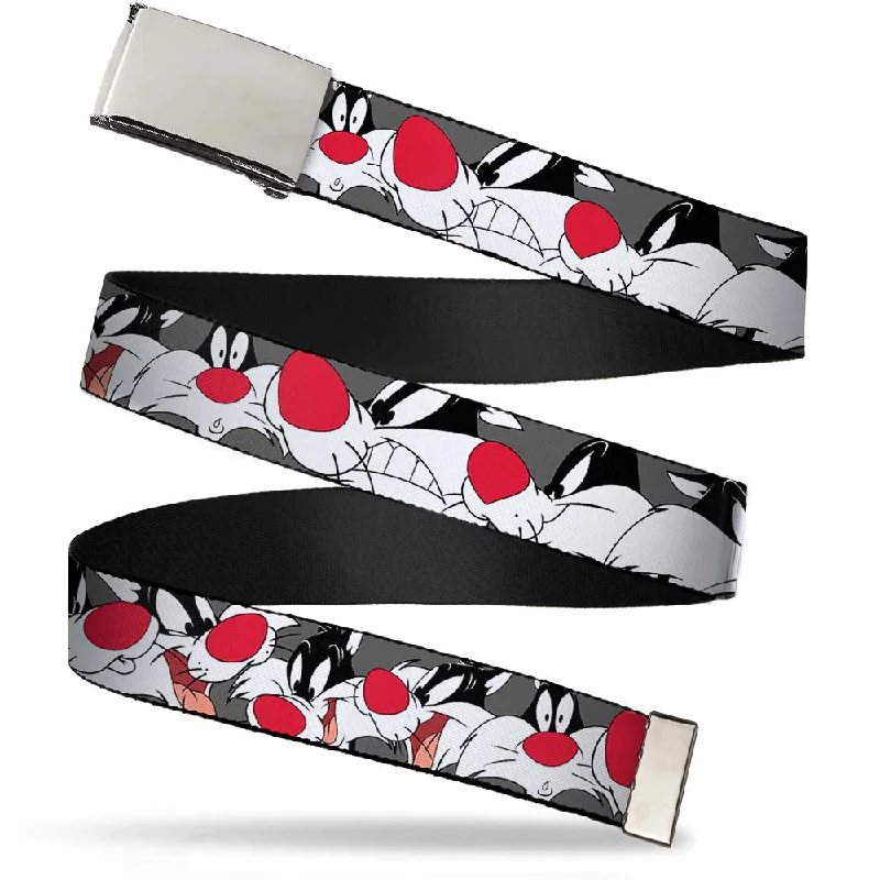 Vintage cotton floral belt-Chrome Buckle Web Belt - Sylvester the Cat Expressions Gray Webbing