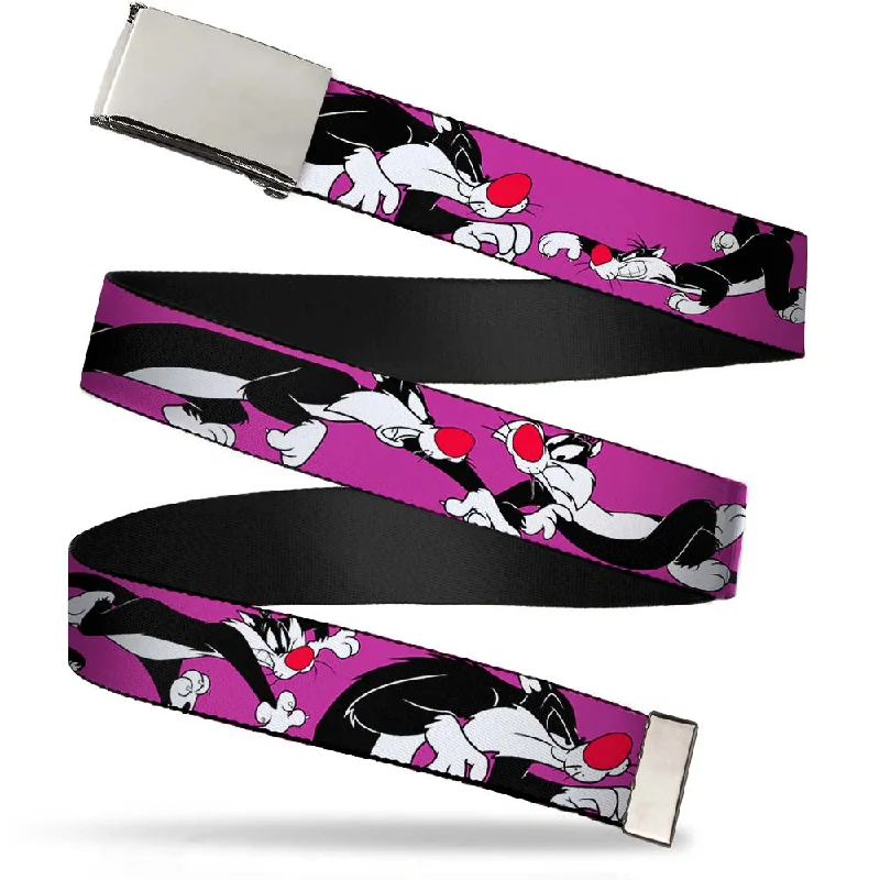 Minimalist white canvas buckle-Chrome Buckle Web Belt - Sylvester the Cat Poses Purple Webbing